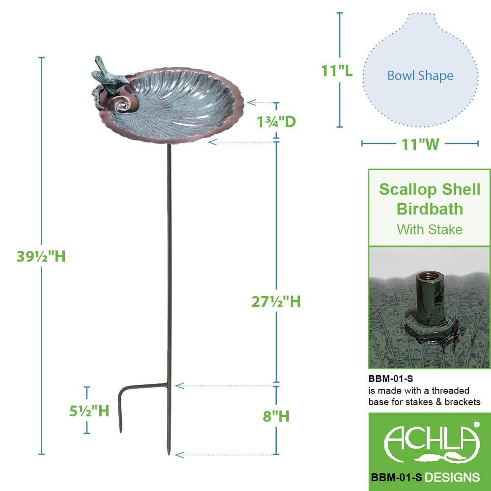 Achla Designs 11 in. Tall Antique Brass Plated Scallop Shell Birdbath and Feeder with Stake BBM-01-S