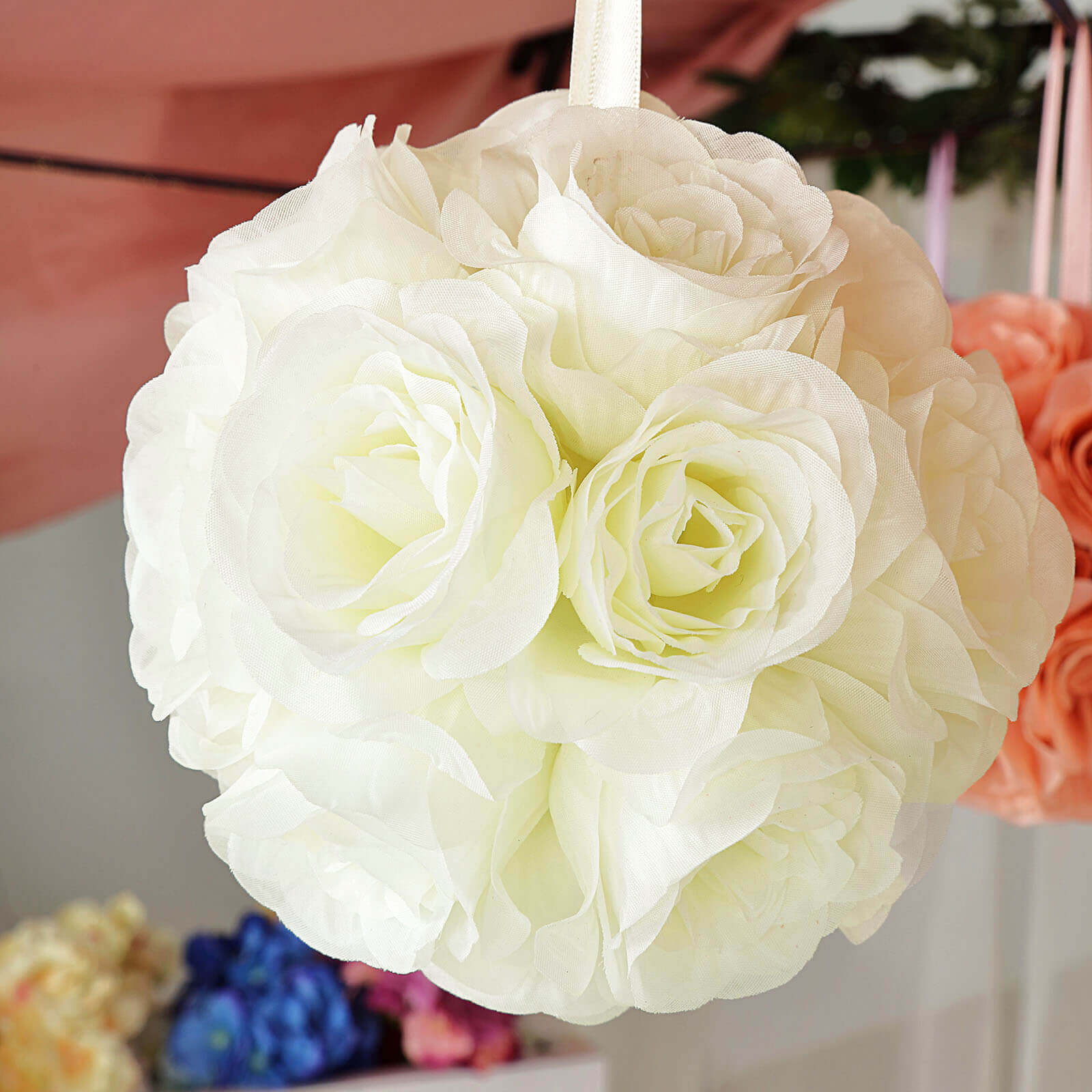 2 Pack Cream Artificial Silk Rose Kissing Ball, Faux Flower Ball 7