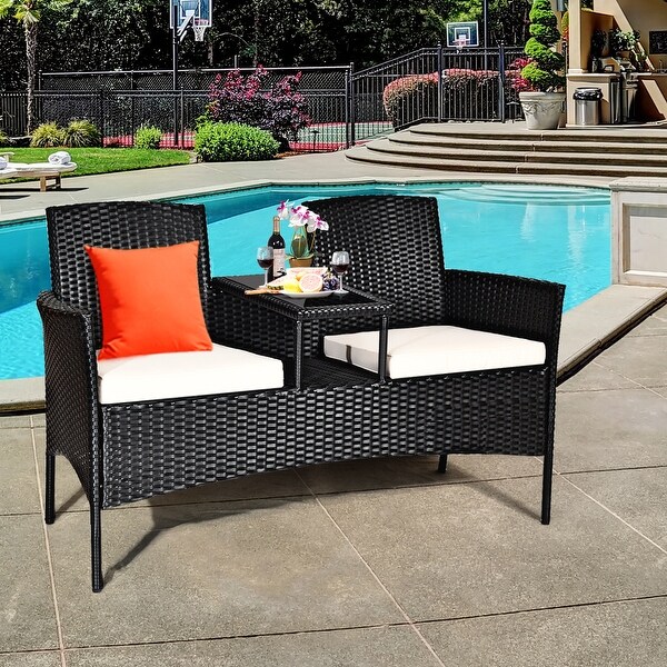 Costway Patio Rattan Conversation Set Seat Sofa Cushioned Loveseat