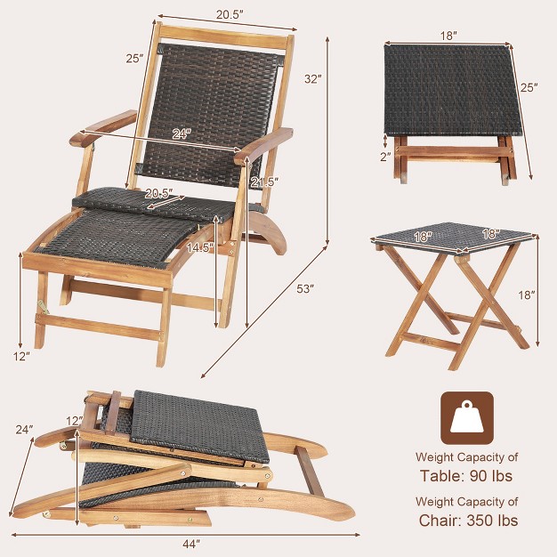 Costway 2pcs Patio Rattan Folding Lounge Chair Table Acacia Wood W retractable Footrest