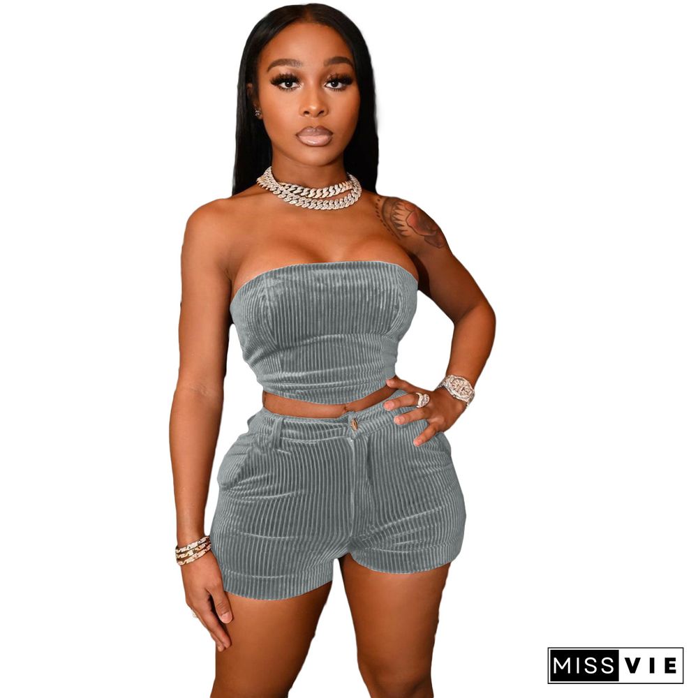 Women Fitness Solid Corduroy Off The Shoulder Strapless Crop Top Skinny Shorts Two Piece Matching Sets