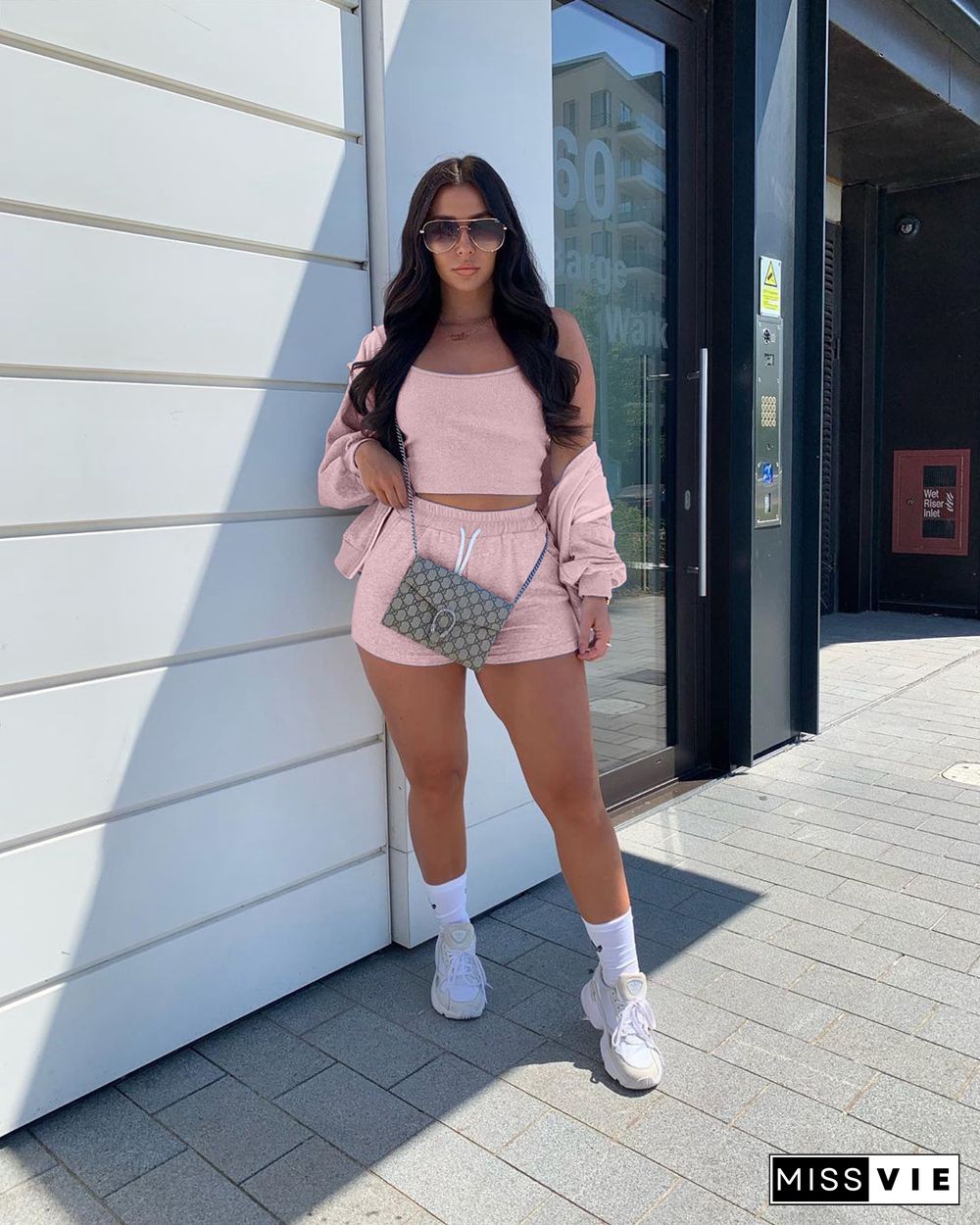 Hooded Cardigan Coat Shorts Crop Tops 3 Pcs Tracksuit