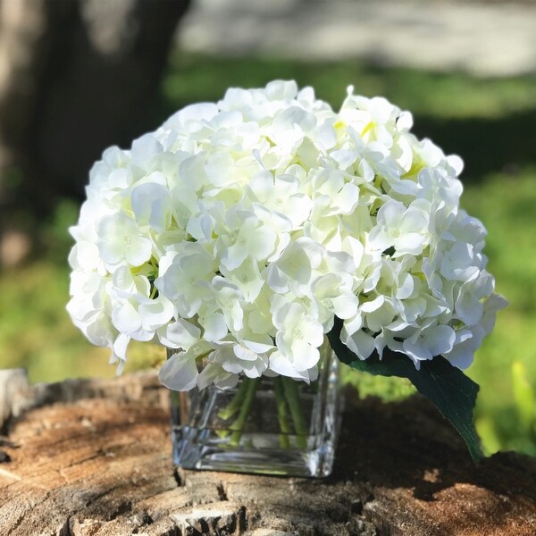 Enova Home Cream Artificial Silk Hydrangea Fake Flowers in Clear Cube Glass Vase with Faux Water for Home Wedding Office Decor