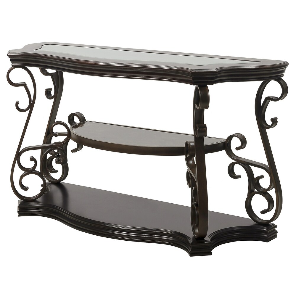 Dark Brown Glass Tabletop Entryway Sofa Table with Shelf