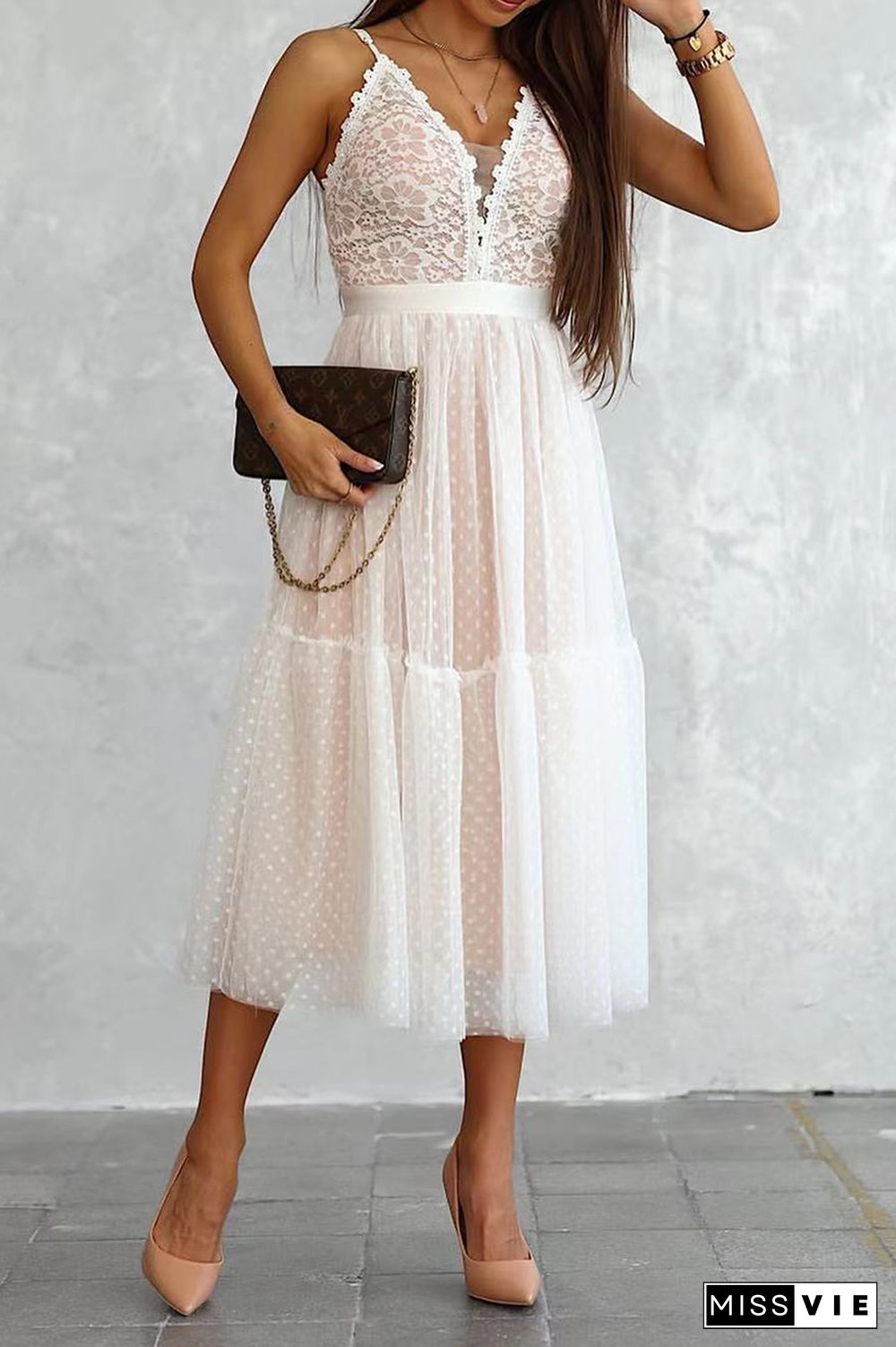 Casual Patchwork Lace Spaghetti Strap Cake Skirt Dresses