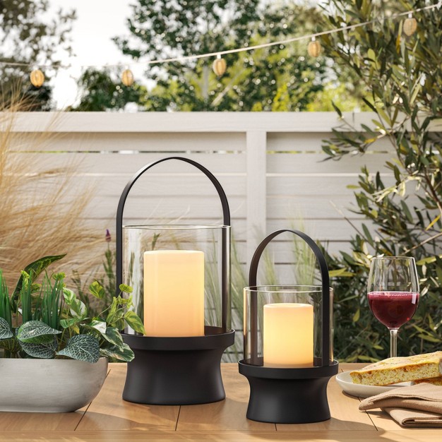 Modern Metal And Glass Battery Led Pillar Candle Outdoor Lantern Black