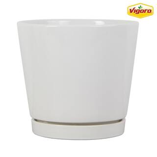 Vigoro 8.1 in. Piedmont Medium White Ceramic Planter (8.1 in. D x 7.6 in. H) with Drainage Hole and Attached Saucer CR01721S-08W