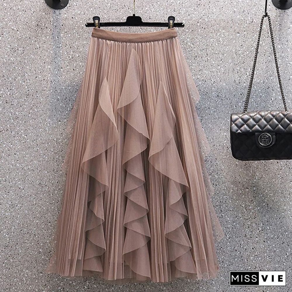 Skirts Design Ruffle Mesh Simple Skirts Women Loose Causal A Line Mujer Skirts Korean Fashion Office Style New