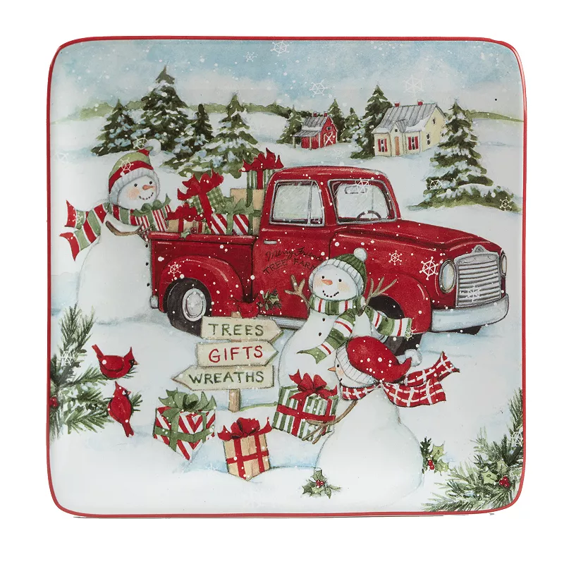 Certified International Red Truck Snowman 4-pc. Dessert Plate Set