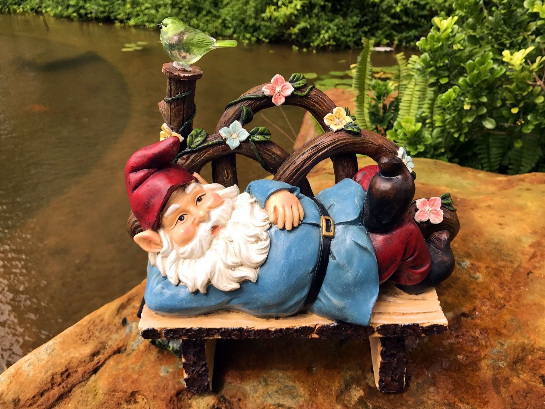 Solar Powered Gnome Laying On a Bench LED Garden Light Decor