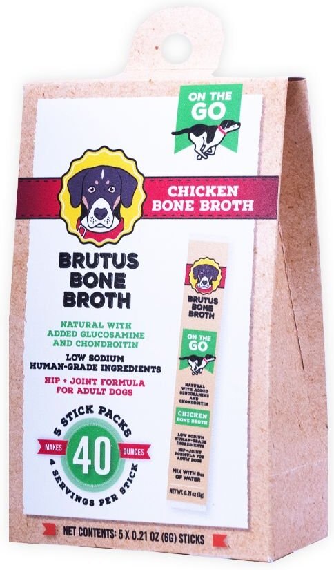 Brutus Broth Chicken Flavored Instant Bone Broth Dog Food Topping， 5 count