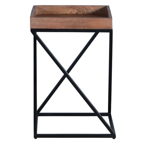 22 Inch Industrial End Side Table with Mango Wood Tray Top， X Shape Iron Frame， Brown， Black