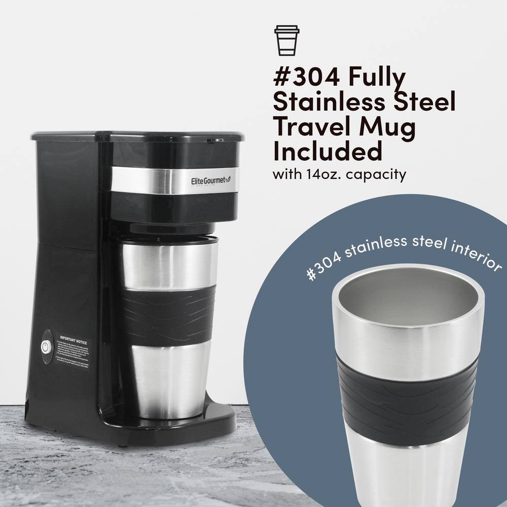 Elite Gourmet Single Serve 1-Cup Black Personal Drip Coffee Maker with Stainless Steel Travel Mug EHC111AX