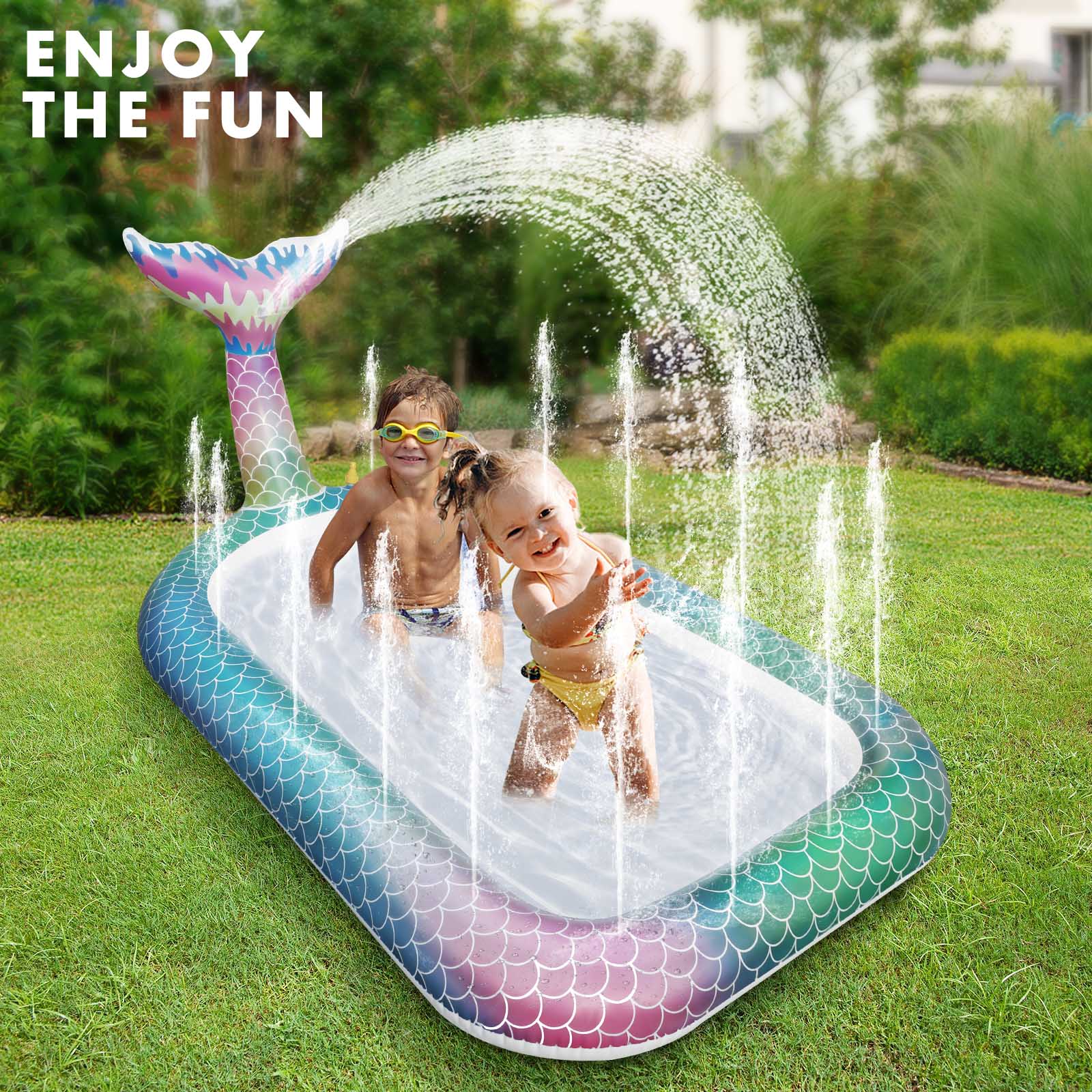 Inflatable Mermaid Swimming Pool, Kiddie Pool with Sprinkler, 40" X 68" X 30" Blow up Pool for Kids Toddlers, Lounge Above Ground Pool for Backyard Indoor Outdoor for Age 3+