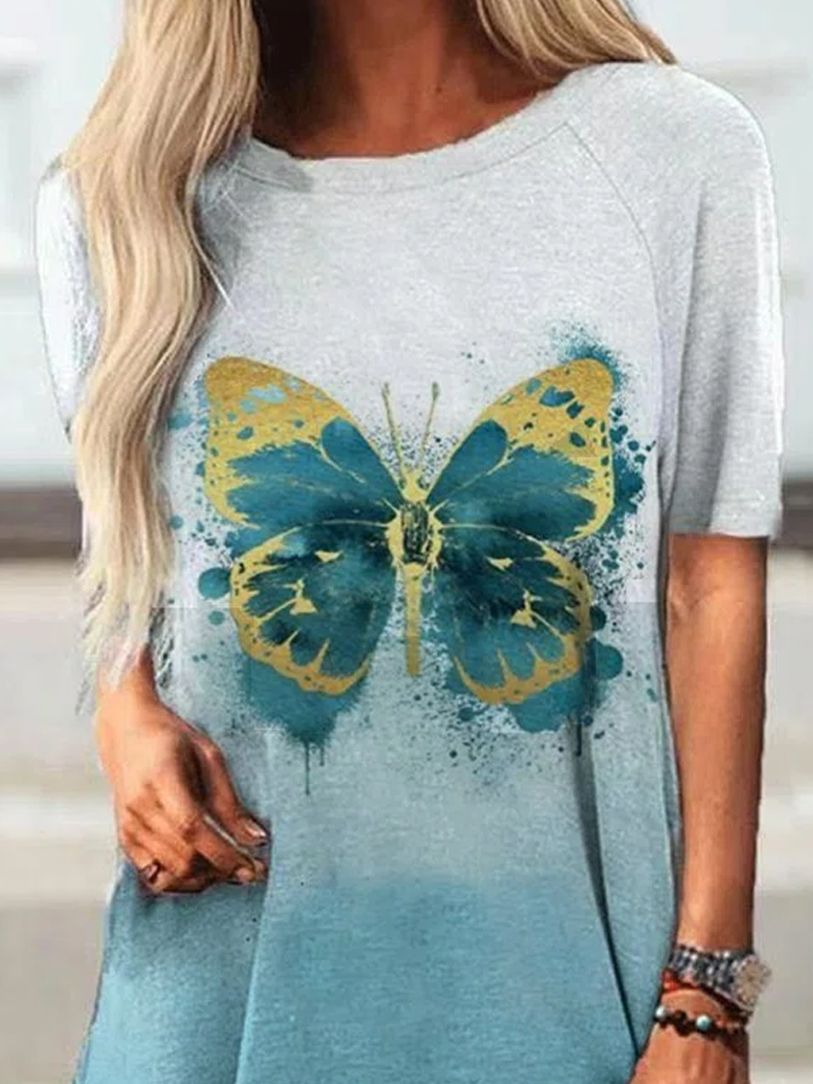 Ladies Round Neck Short-sleeved Butterfly Print T-shirt