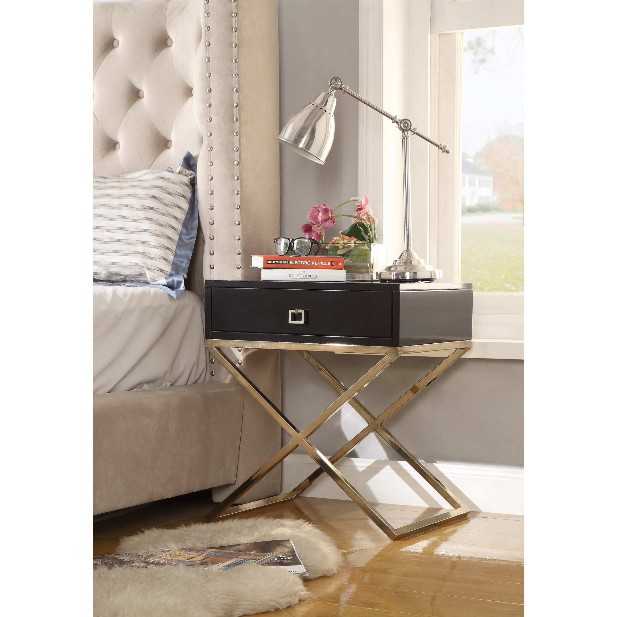 Foster Square Lacquer X-Legs Accent Table/ Nightstand with Drawer