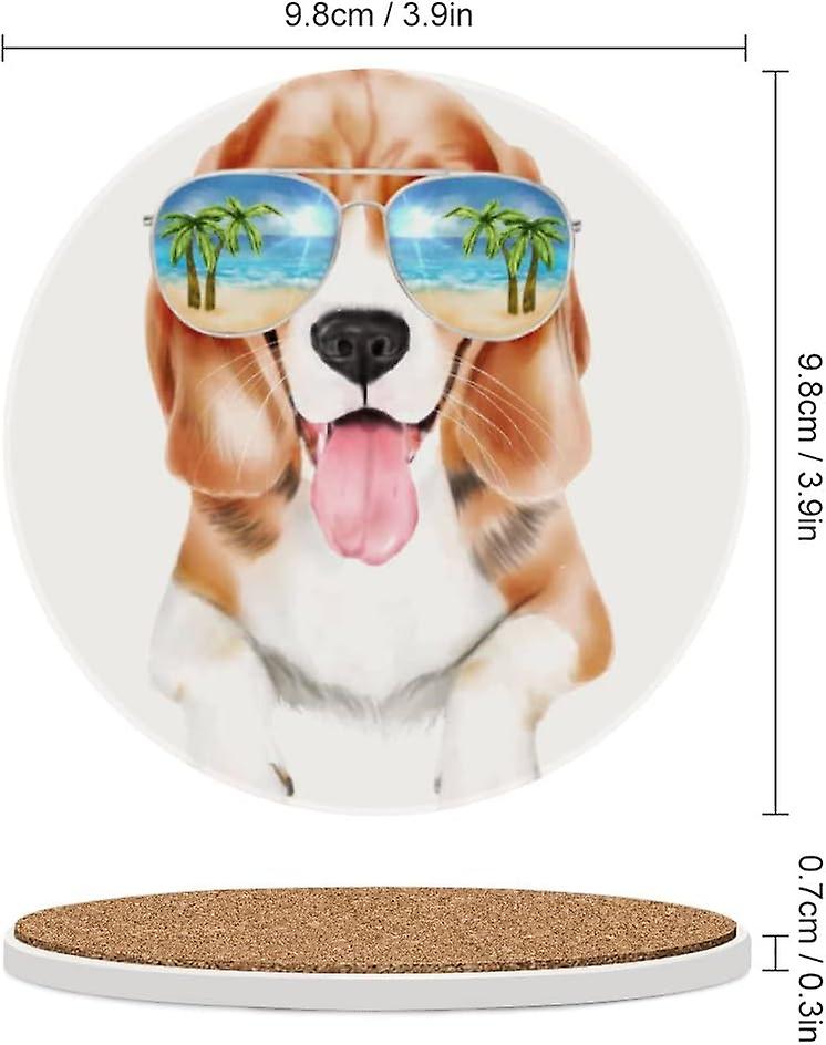 1pc Round Cool Dog Beagle Breed In Sunglasses Ceramic Coasters With Cork-backed For Coffee Drink Cup Mat Absorbent Stone Coasters