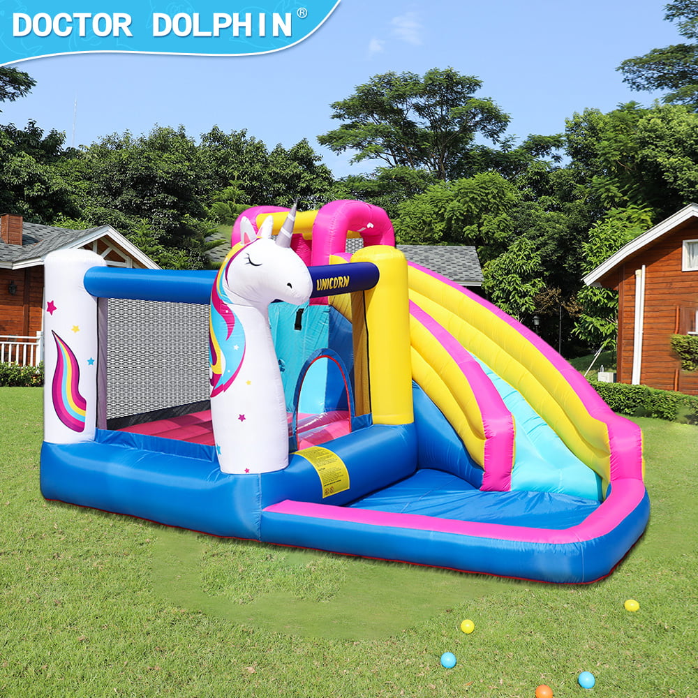 TBWYF Kids Inflatable Bounce House Jumping Castle with Slide, Climbing Wall, Trampoline, & Water Pool Area Unicorn with 450W Blower