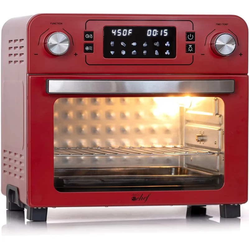 Deco Chef TQAIRRED 24 QT Red Stainless Steel Countertop 1700 Watt Toaster Oven with Built-in Air Fryer and Included Rotisserie Assembly， Grill Rack， Frying Basket， and Baking Pan