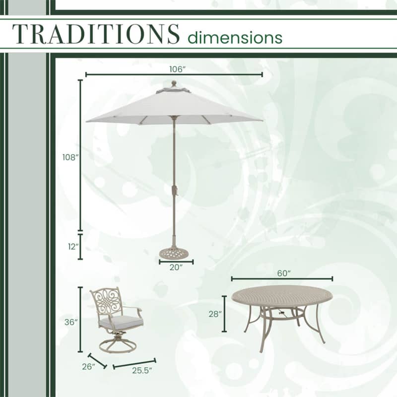 Hanover Traditions 7-Piece Outdoor Dining Set In Sand/Beige With 6 Swivel Rockers， 60 Round Cast Table， Umbrella， Base