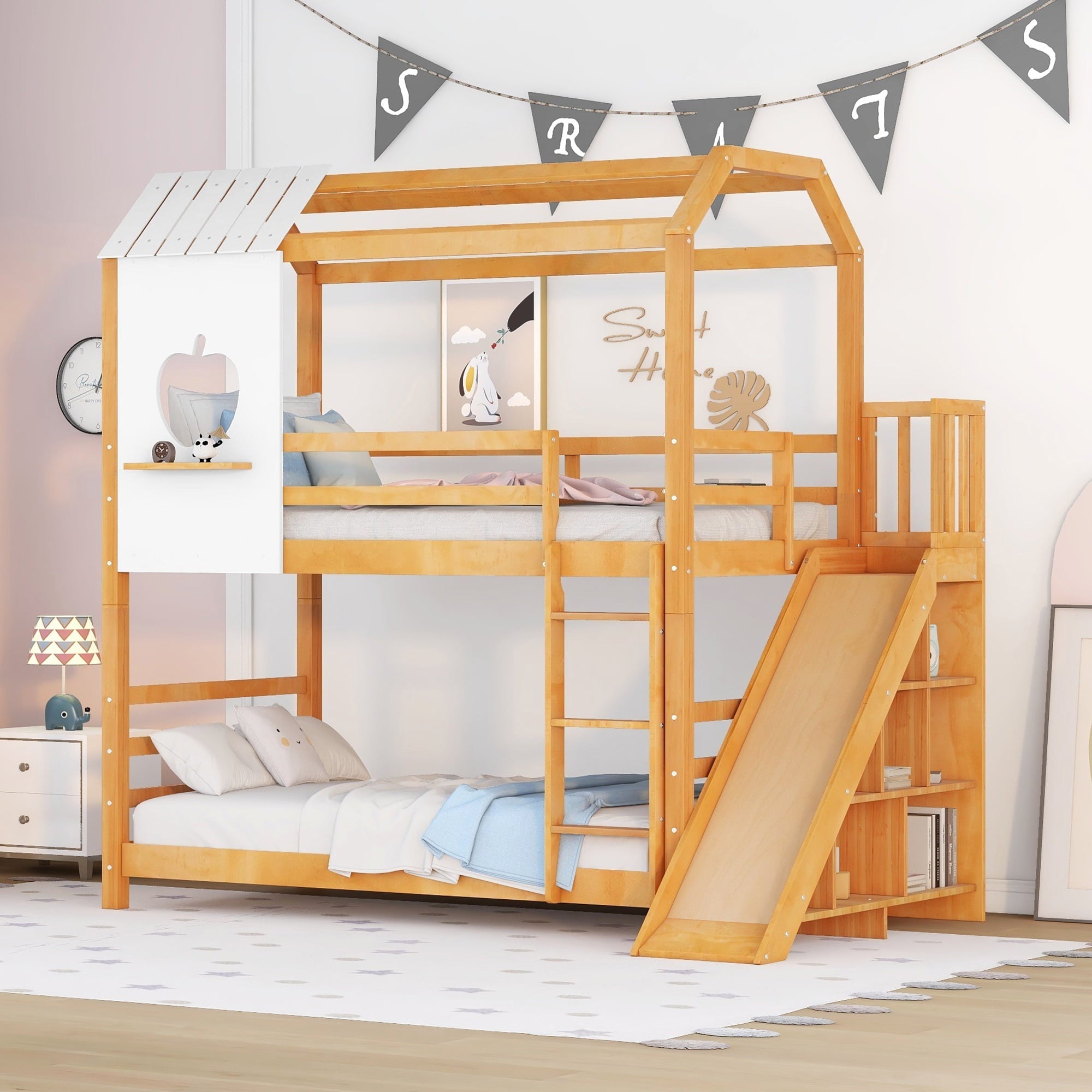 Twin Size House Bunk Bed with Slide and Shelf for Kids Bedroom, Natural