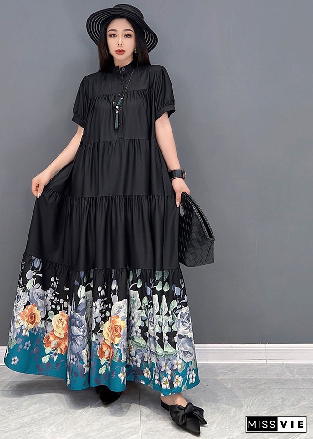 French Black Stand Collar Floral Print Wrinkled Patchwork Cotton Long Dress Short Sleeve