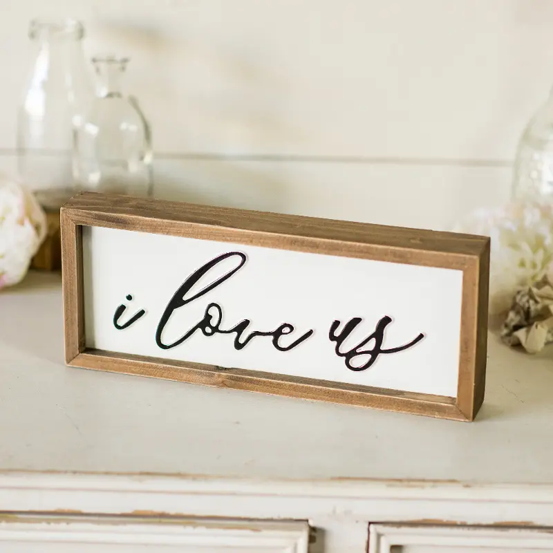 Light Brown， White and Black I Love Us Wood Frame Sign