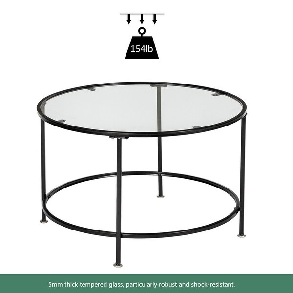 2 Layers Tempered Glass Countertops Round Iron Coffee Table Black