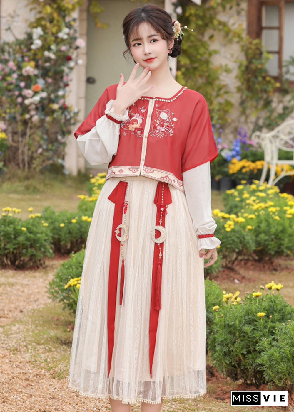 Chinese Style Red Embroideried Tops And Pleated Skirt Chiffon Two Pieces Set Long Sleeve