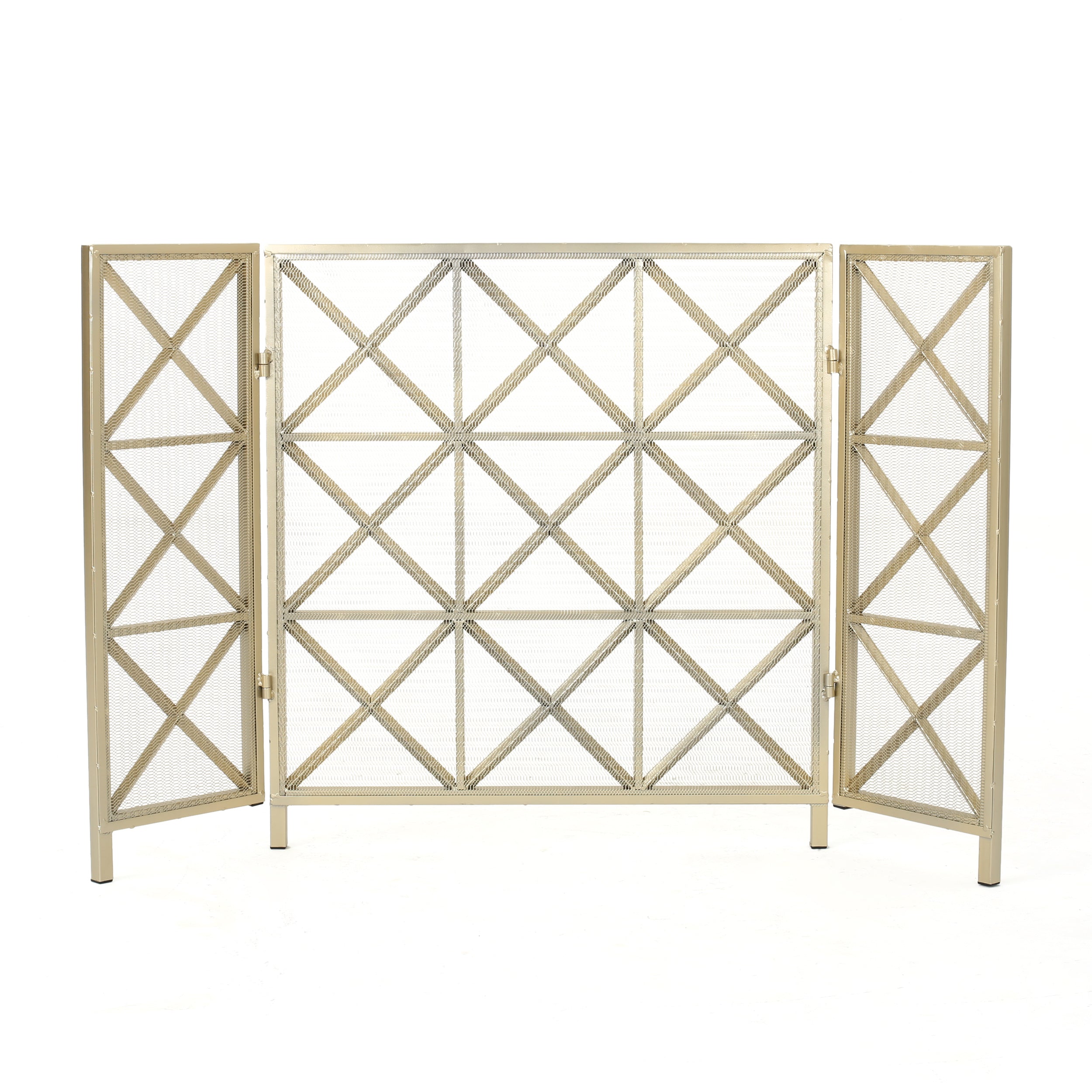 Mandralla Modern 3-Panel Iron Fireplace Screen with Cross Hatch Pattern