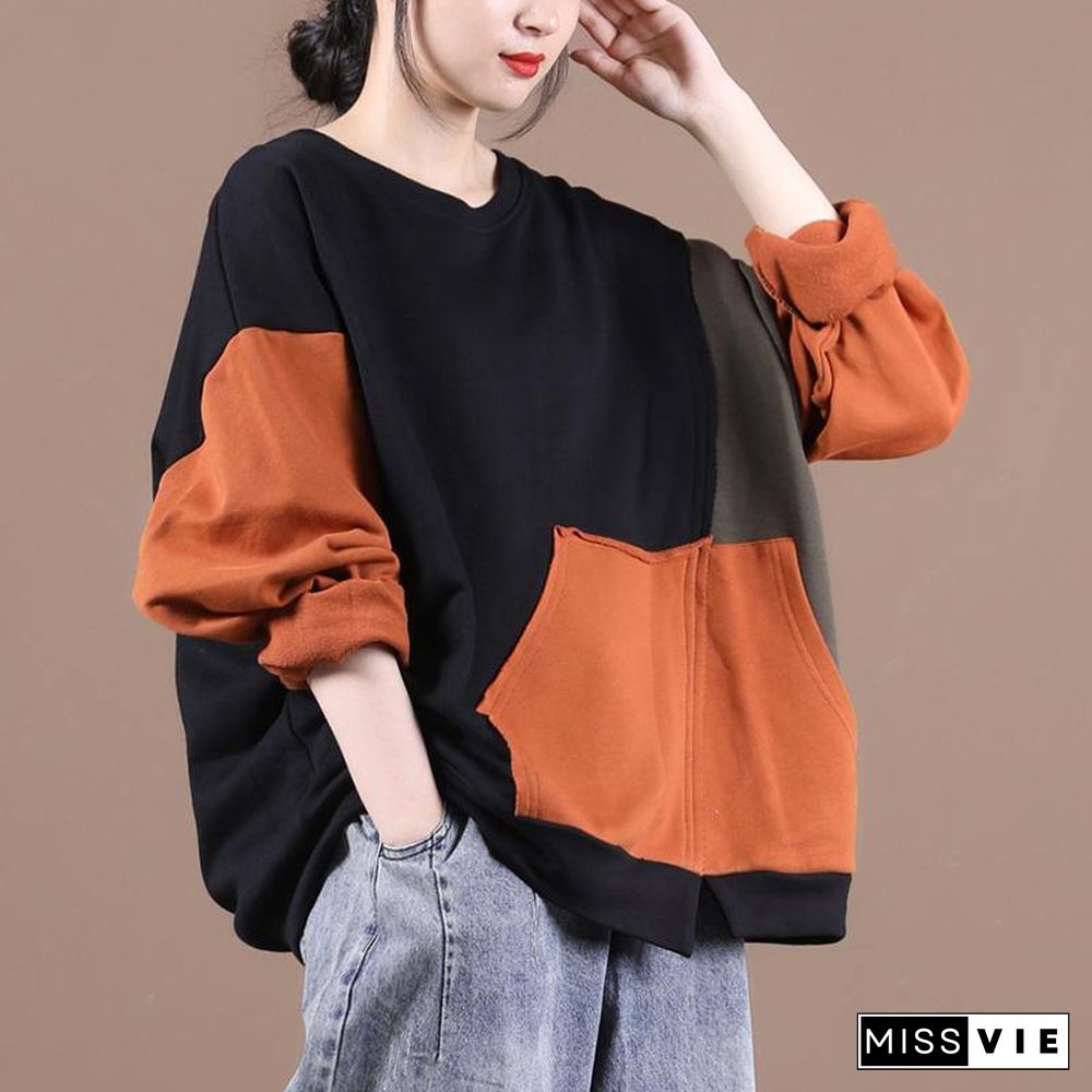 diy orange tops women o neck patchwork short fall shirts