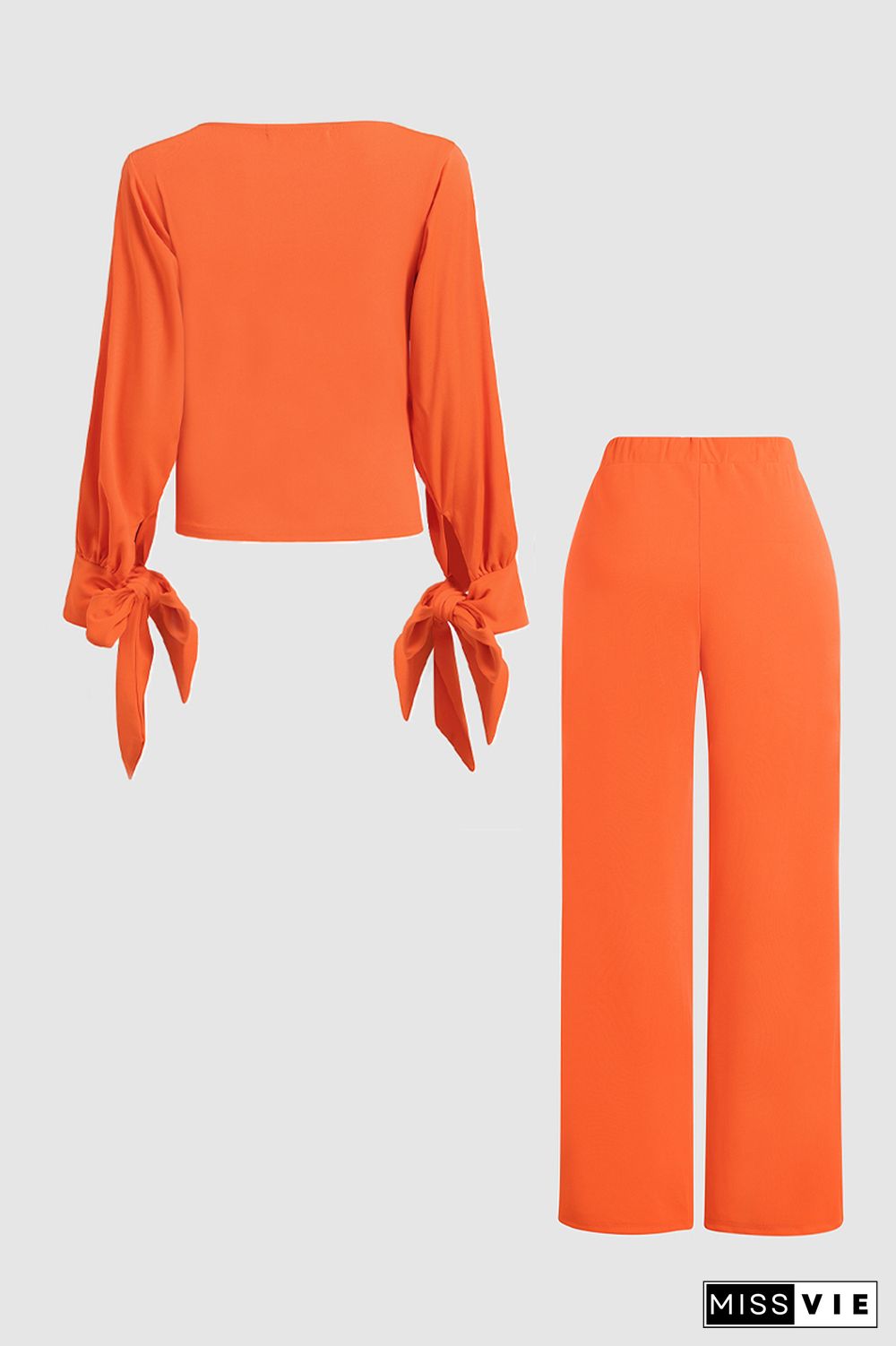 Solid Knot Cuff Blouse & Pants Set