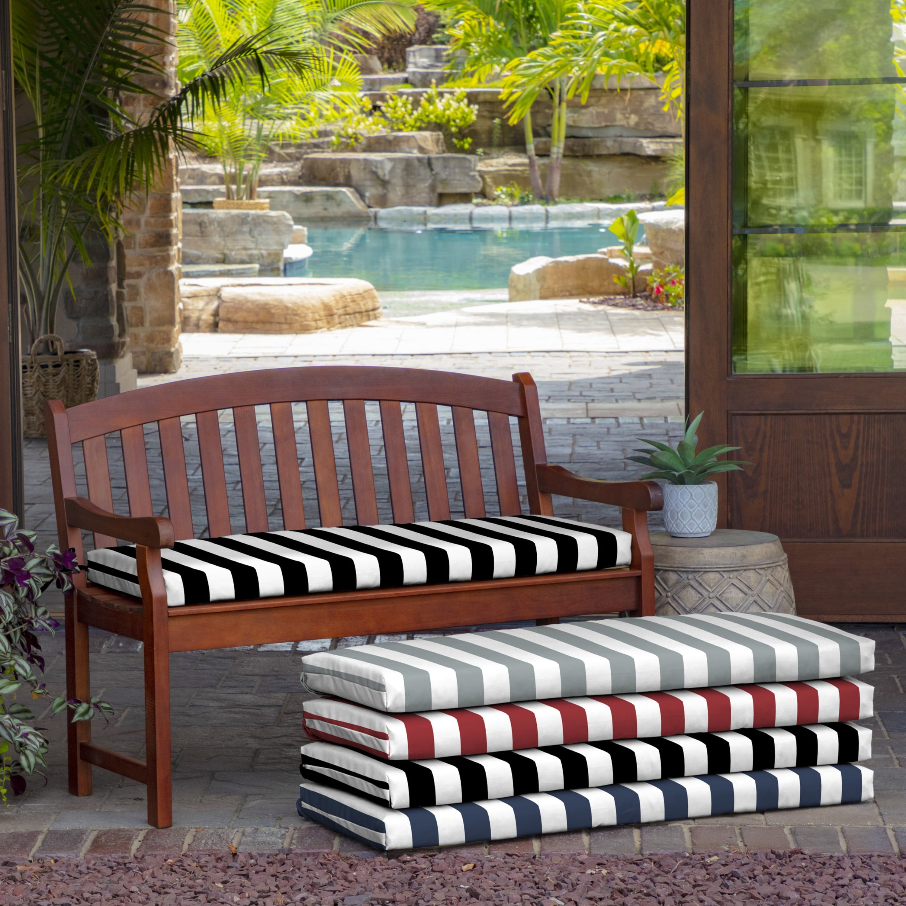 Arden Selections Outdoor Bench Cushion 17 x 46， Black Cabana Stripe