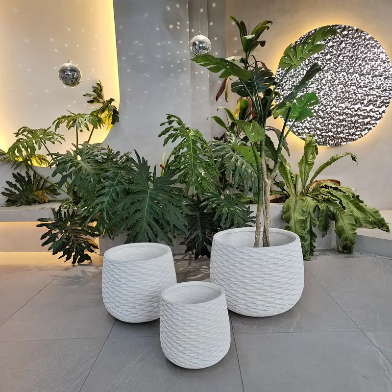 Supply Competitive Price Occident Popular Textured Round Fiberglass Mgo Indoor Cement Plant Pots Garden Decoration Concrete Flow