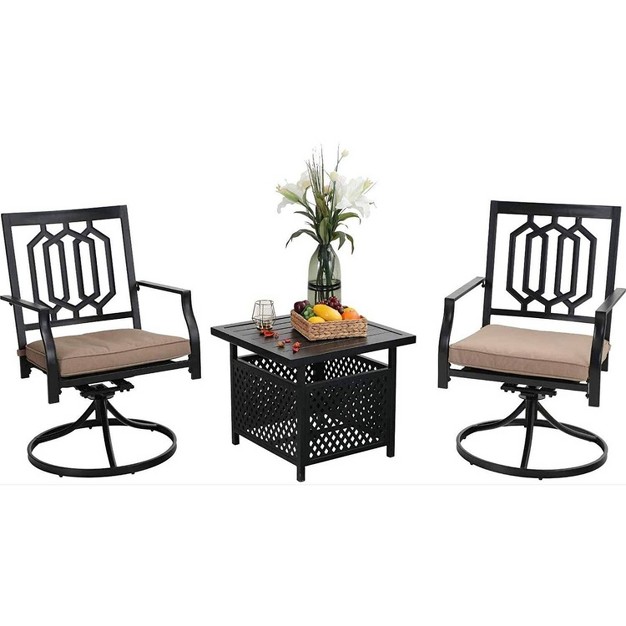 3pc Wrought Iron Patio Dining Set With Square Table With Umbrella Hole amp Swivel Chairs Captiva Designs