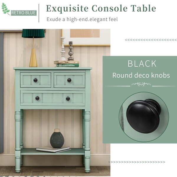 Narrow Console Table with 3 Storage Drawers and Black Round Deco Knobs， Slim Sofa Table with Bottom Shelf， Antique Blue