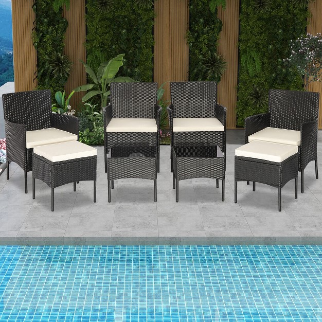 Costway 8pcs Patio Rattan Furniture Set Sofas Ottomans Cushioned Table Free Combination