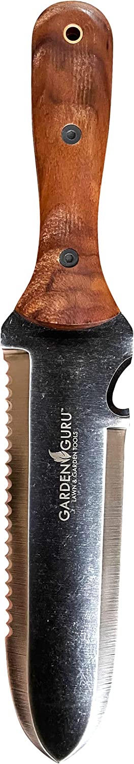 Garden Guru Hori Hori Gardening Knife for Weeding Digging and More, Stainless Steel, Walnut Wood Handle, Nylon Sheath for Storage