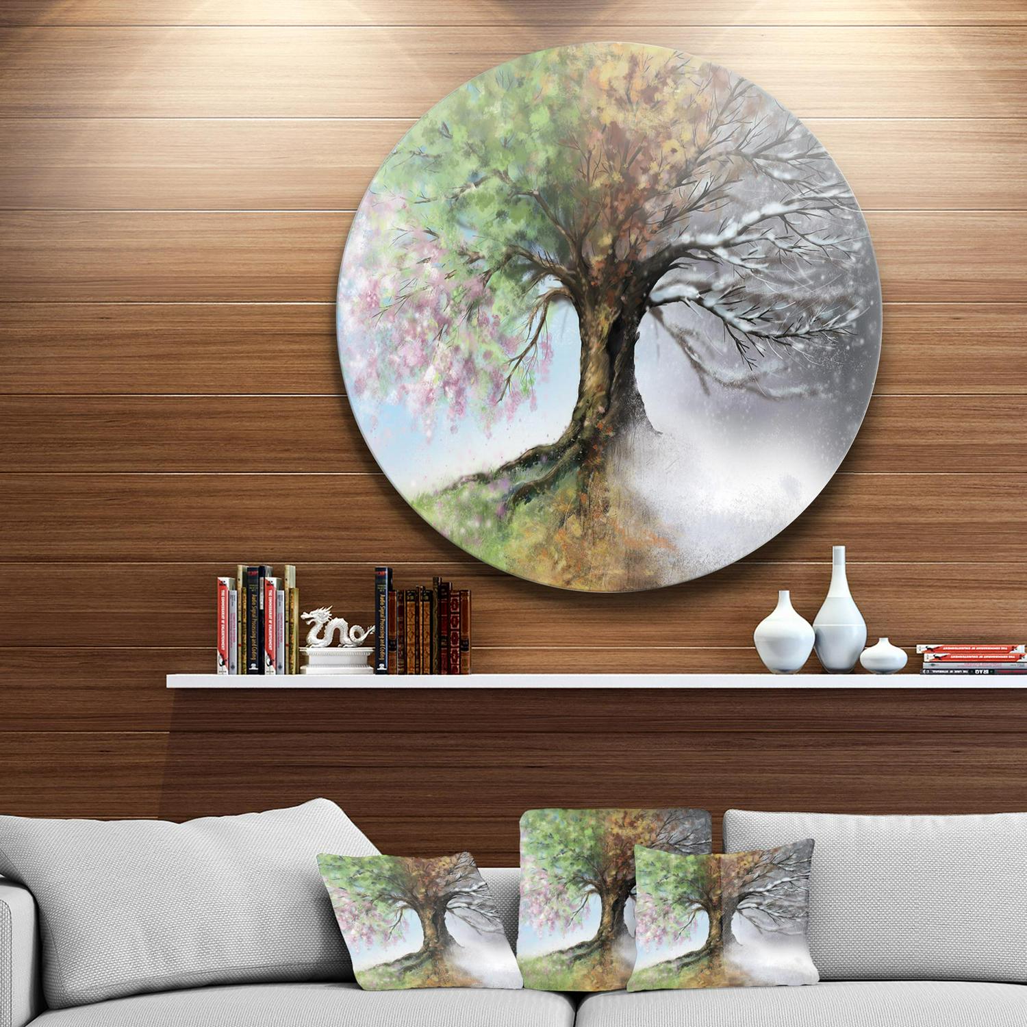 Designart Tree with Four Seasons Tree Painting Circle Metal Wall Art