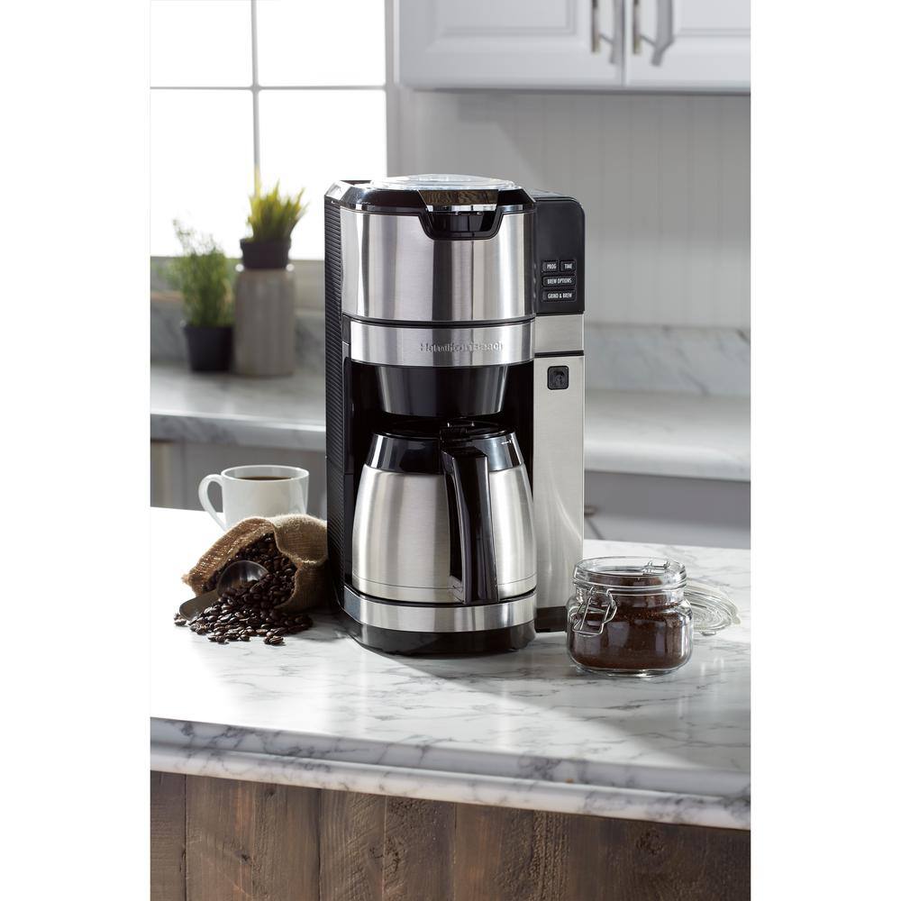 Hamilton Beach 10-Cup Black and Stainless Steel Drip Coffee Maker with Auto-Rising Coffee Grinder 45501