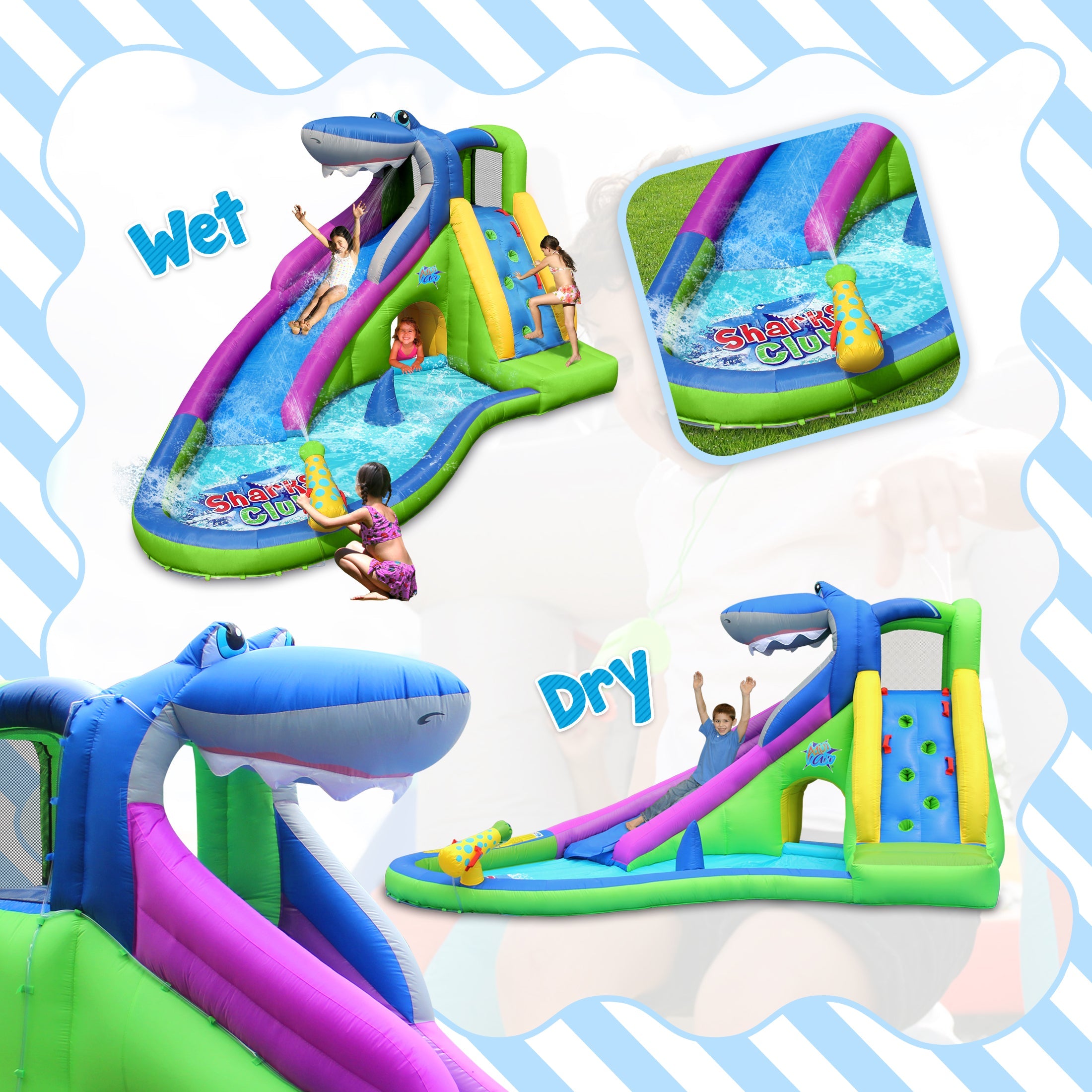 ACTION AIR Inflatable Water Slide, Backyard 15' Bounce House with Water Gun and Splash Pool for Wet and Dry Play, Christmas Gift Idea for Kids