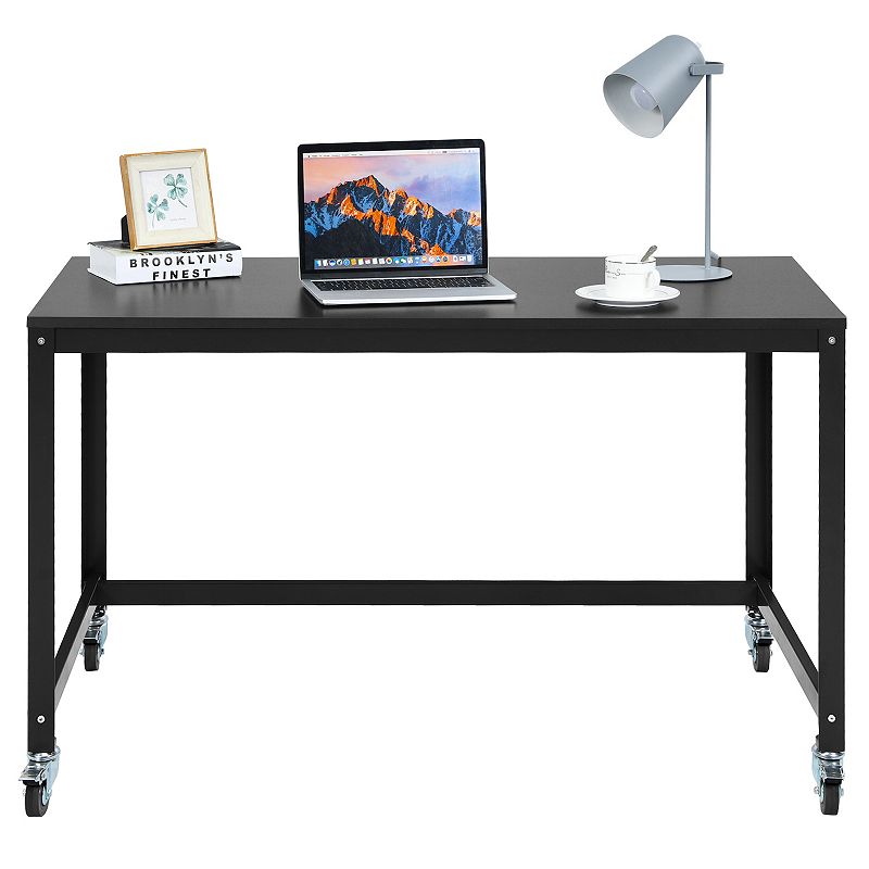 Wood Top Metal Frame Rolling Computer Desk Laptop Table-Black