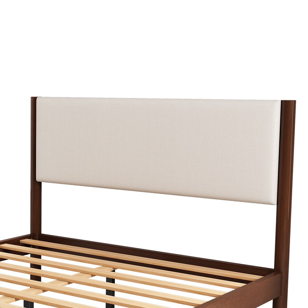 Queen Size Mid Century Modern Upholestery Platform Bed Frame with Upholstered Headboard  No Box Spring Needed  Walnut