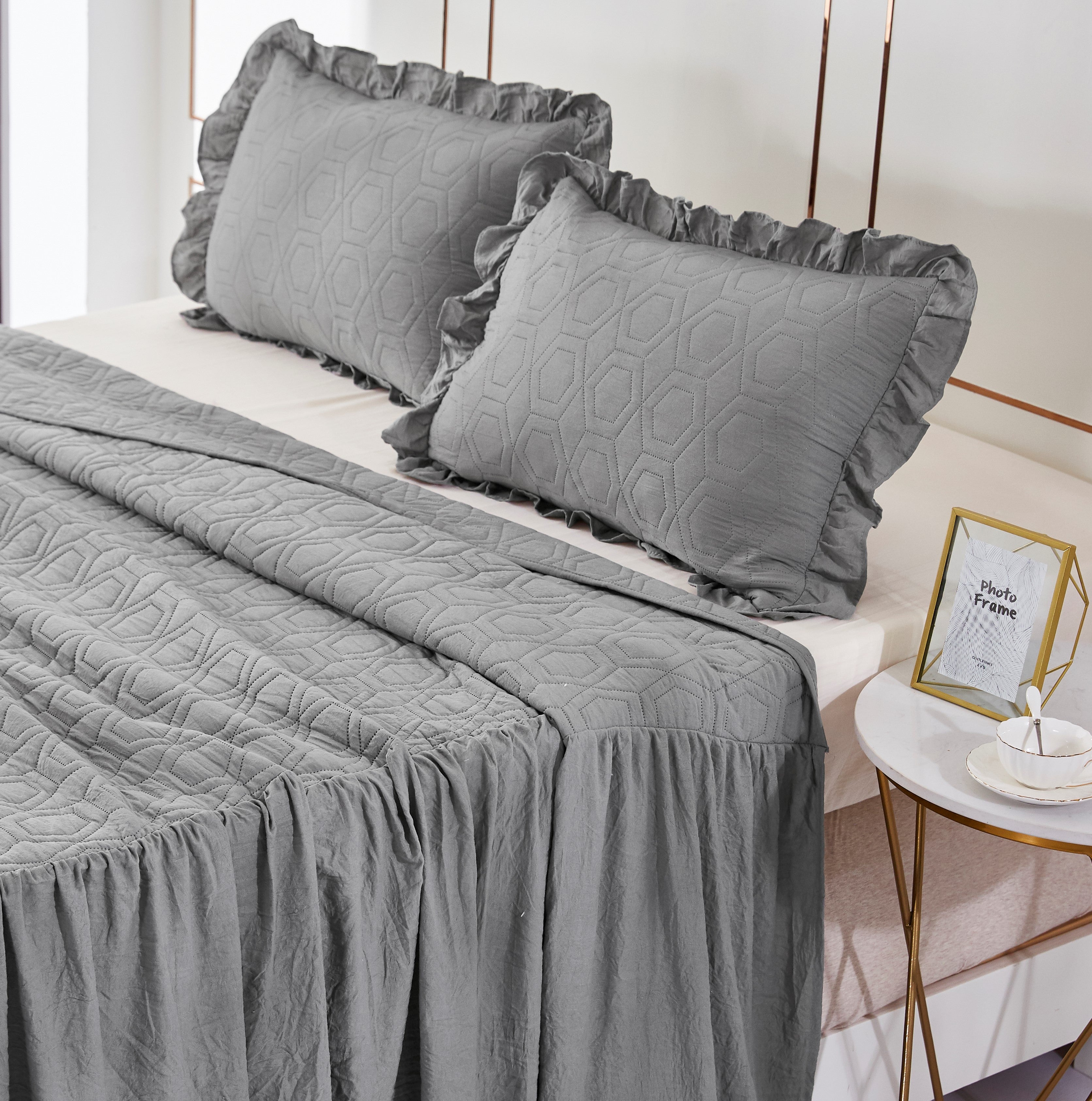 EleganHome Pinsonic Ruffle Skirt Quilt/Bedspread/Coverlet with 2 Shams Gray Color King Size