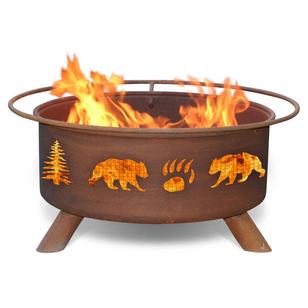 Bear and Trees 29 in. x 18 in. Round Steel Wood Burning Fire Pit in Rust with Grill Poker Spark Screen and Cover F107