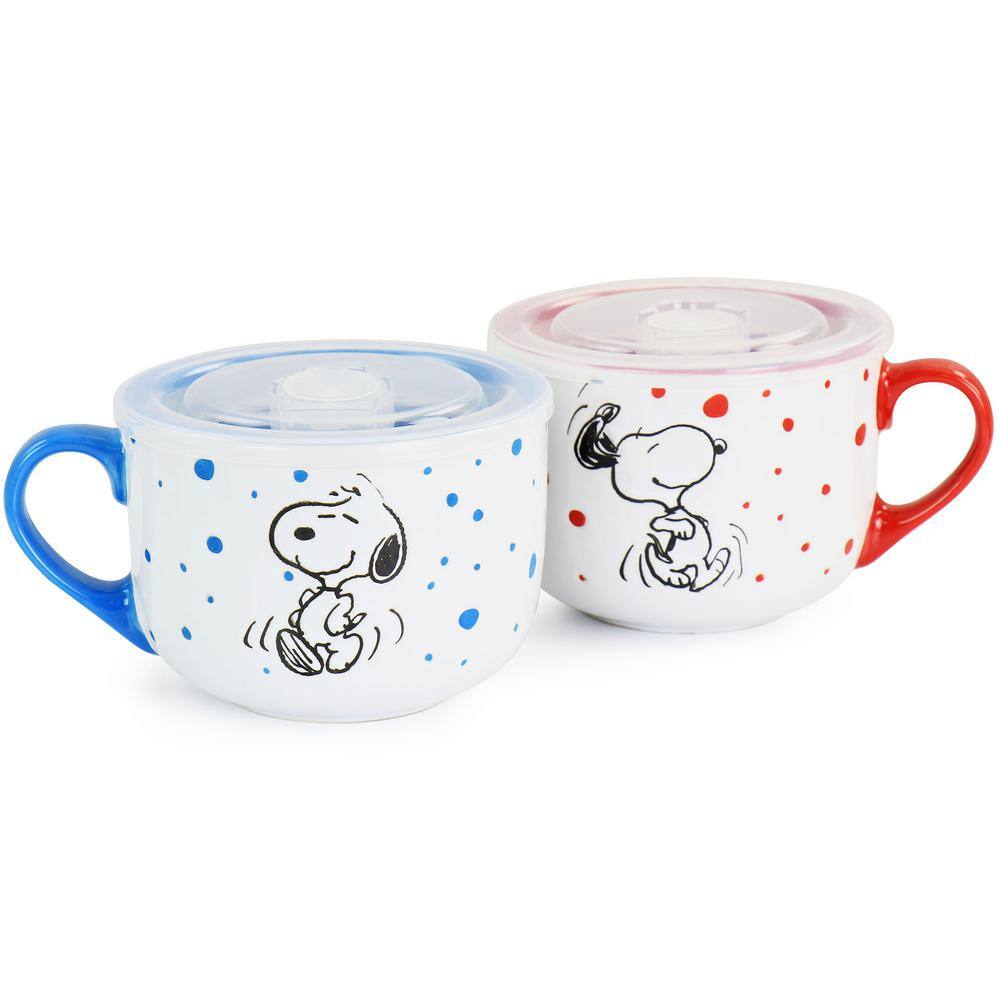 Gibson Peanuts Freckled Joy 25 fl. oz. Assorted Colors Stoneware Soup Bowl Cup and Lid (Set of 4) 985118492M