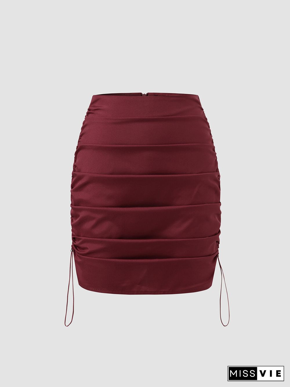 Ruched Drawstring Solid Invisible Zip Mini Skirt For Women