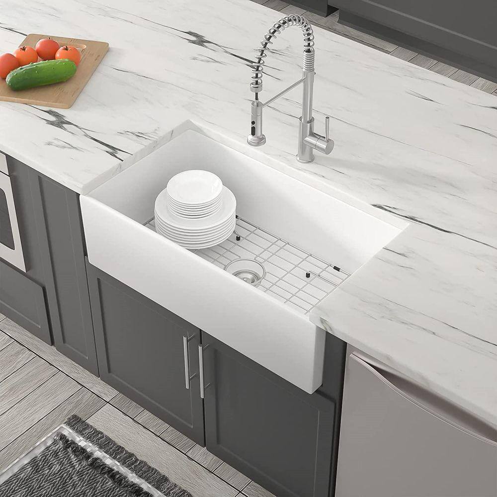 EPOWP 30 in. Farmhouse Apron Single Bowl White Fireclay Workstation Kitchen Sink without Faucet LX-JY285R