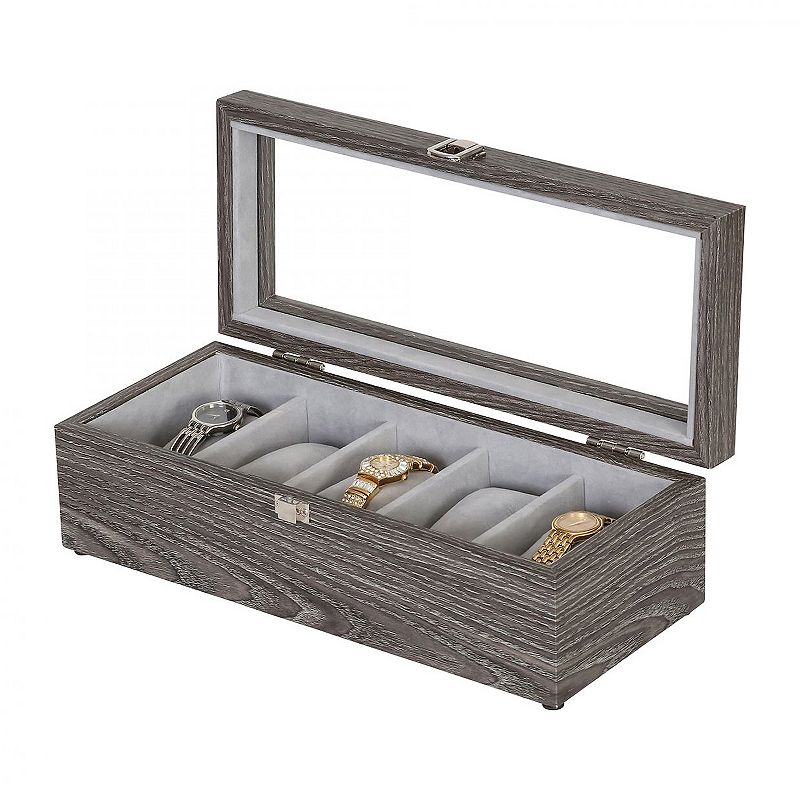 Mele and Co. Nolan Wooden Glass Top Watch Storage Box in Gray Woodgrain Finish