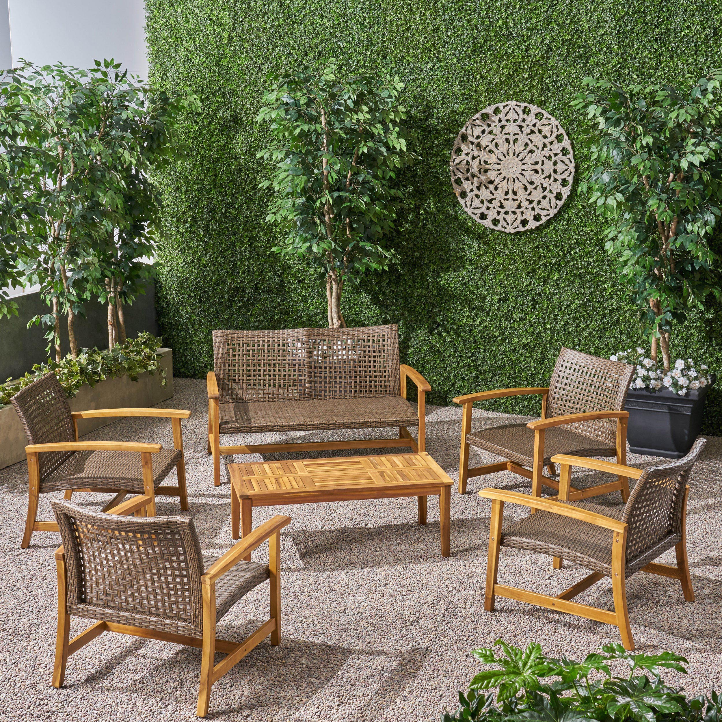 Alyssa Outdoor 6 Piece Wood and Wicker Chat Set